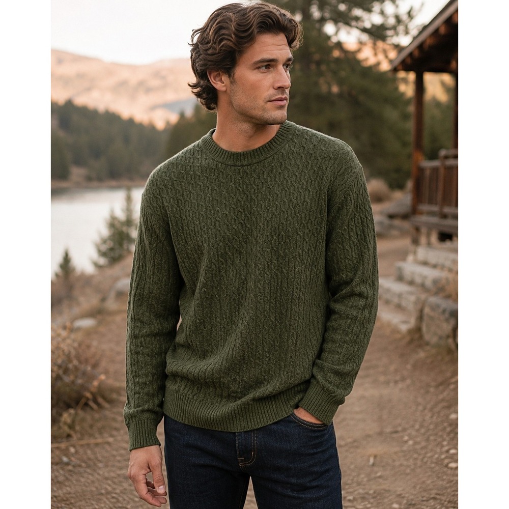 Men's Wool Cable Knit Sweater Size Large Olive Green Pullover Rugged Old Money